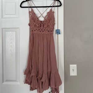 Free People One Intimately Mauve Pink Rose Lace Lingerie Adella Mini Dress NWT